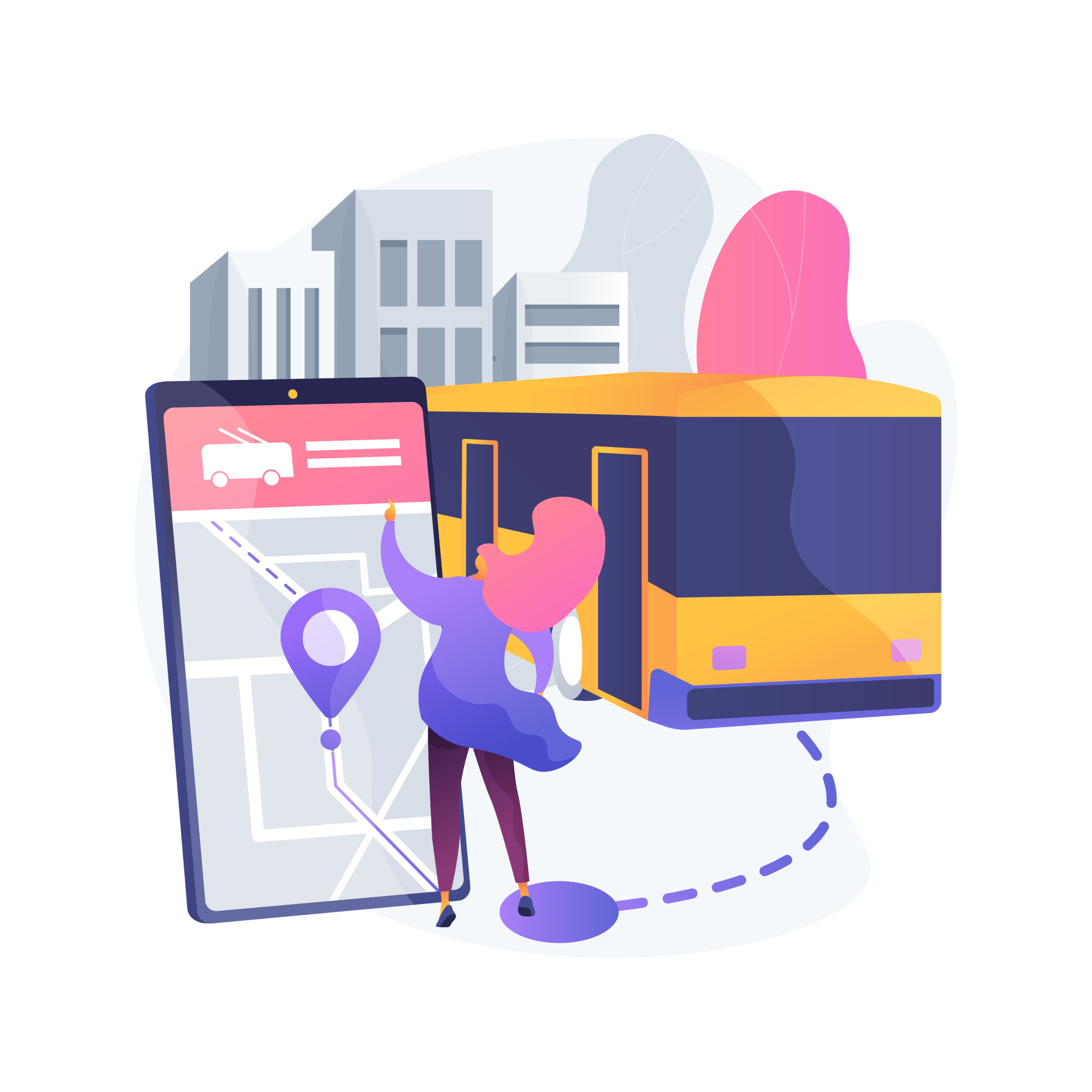 Autonomous public transport abstract concept vector illustration. Self-driving bus, urban transport services, smart taxi, automatic road service, public bus, city train, traffic abstract metaphor.